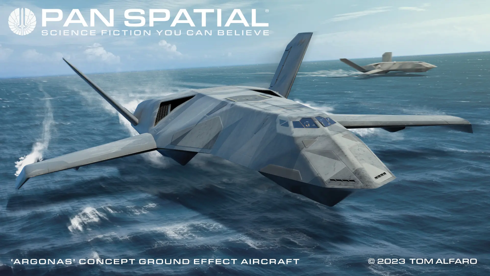 Two massive Pan Spatial Argonas ground effect aircraft fly at wavetop level above water.