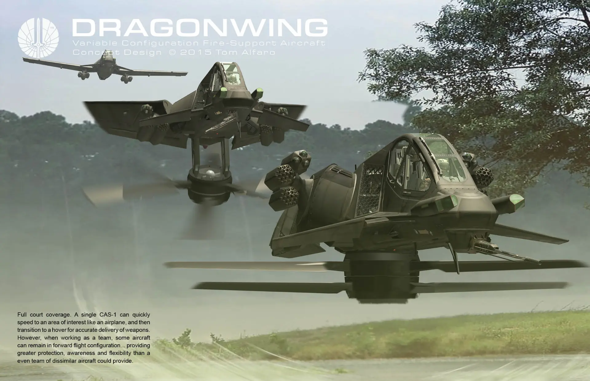 Three Pan Spatial Dragonwing aircraft fly at low altitude over a clearing in wooded terrain. The trailing Dragonwing is in forward flight configuration with rotors retracted and wings deployed; the middle aircraft is in transition, wings half folded and rotors deploying underneath; and the aircraft in the foreground is in full rotorcraft configuration.