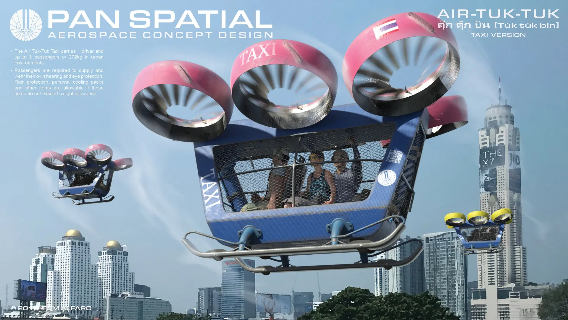 Two Pan Spatial Air Tuk-Tuk electric ducted fan VTOL air taxis fly at low altitude through a cityscape.