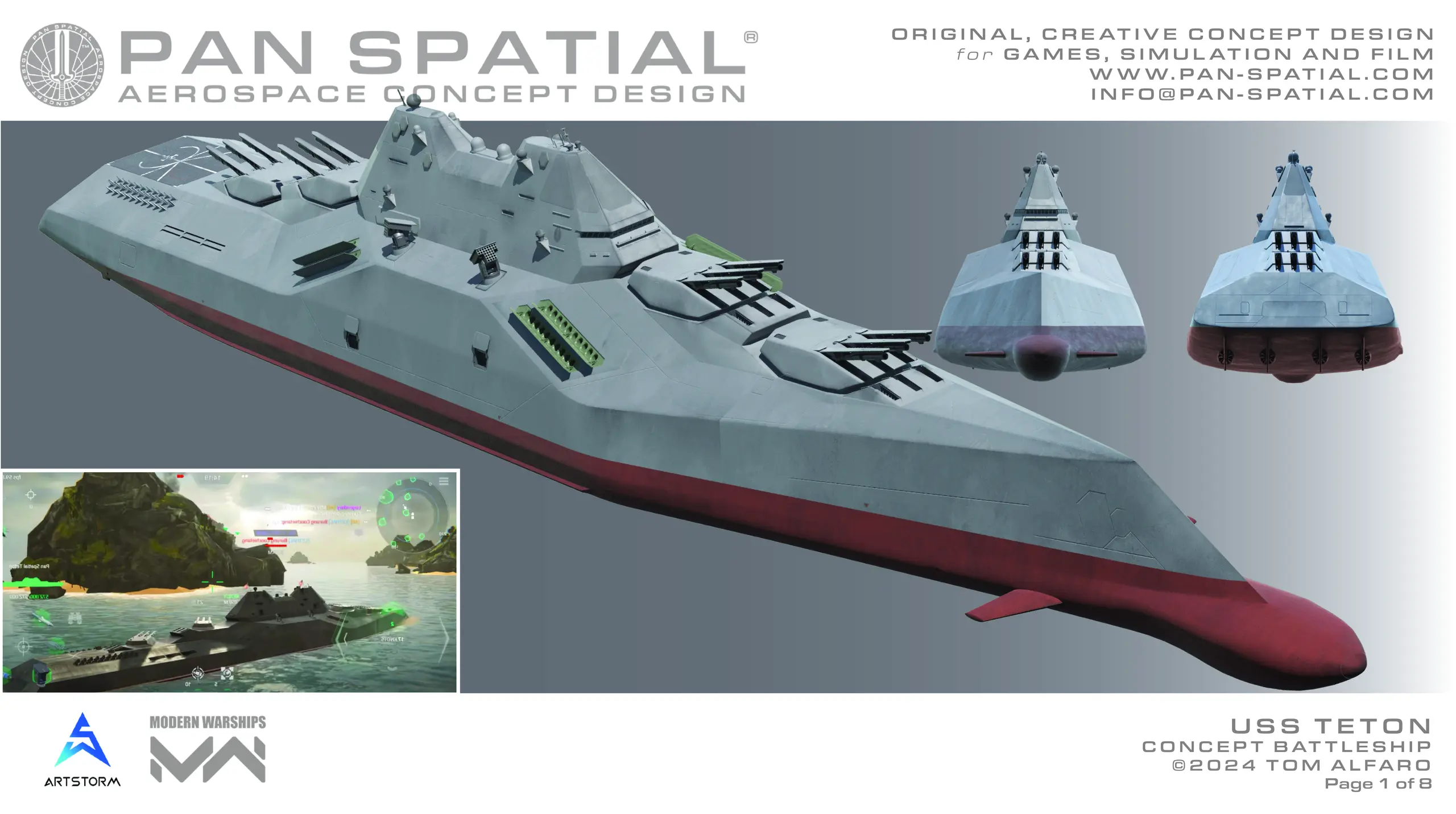 Fore, aft, and 3/4 views of Pan Spatial Teton concept future battleship, with an inset of the ship in-game in Modern Warships