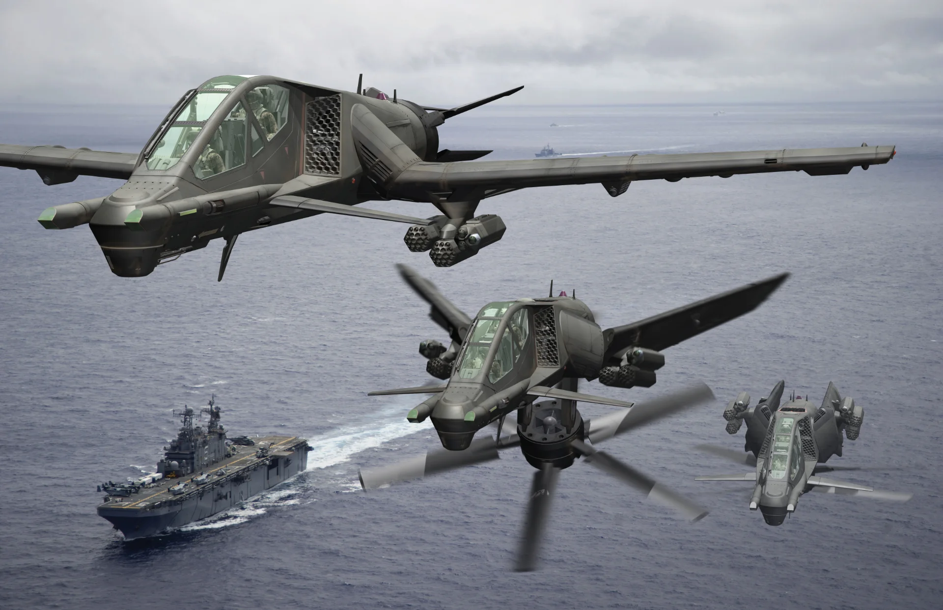 Three Pan Spatial Dragonwing aircraft fly at low altitude over a naval helicopter carrier. The lead Dragonwing is in forward flight configuration with rotors retracted and wings deployed; the middle aircraft is in transition, wings half folded and rotors deploying underneath; and the trailer is in full rotorcraft configuration.