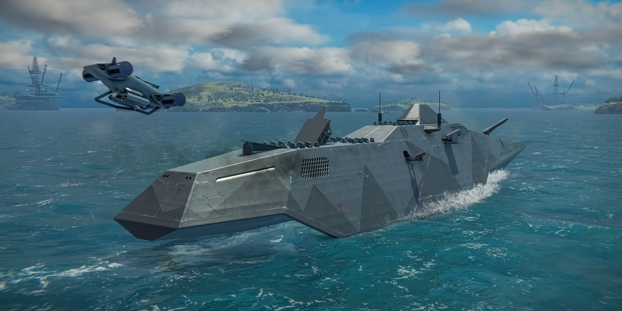 A Pan Spatial REDRUM hydrofoil destroyer picking up speed in transition to foilborne sailing. It has just launched a Pan Spatial Cyclone cyclorotor UCAV, which flies in the foreground.